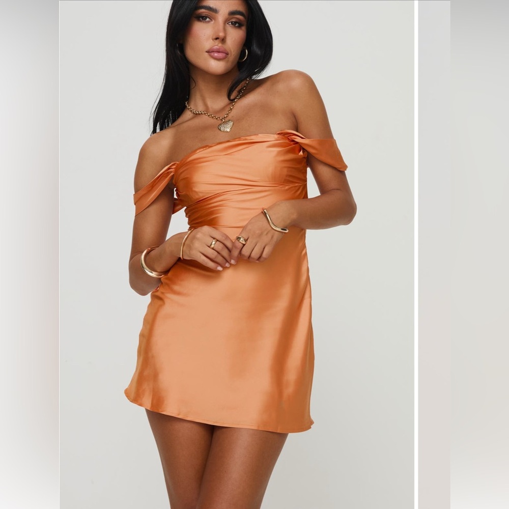 Princess Polly Satin Off-Shoulder Mini Dress in Copper Orange